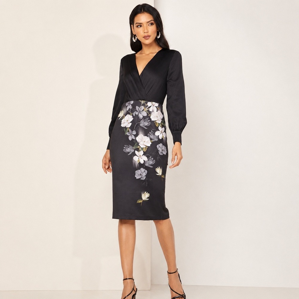 Ted Baker Black Alithea Opal Floral Midi Dress Pencil Skirt Faux Wrap Size 2